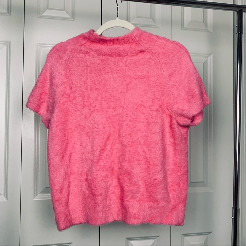 Anthropologie Maeve Hot Pink short sleeved sweater with peak-a-boo back.